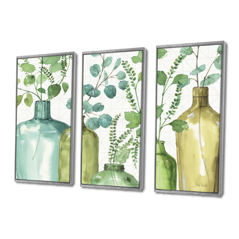 «Mixed Botanical Green Leaves I0», ensemble d'art mural sur toile encadré de campagne, H 40 po x l 60 po, Argent argent