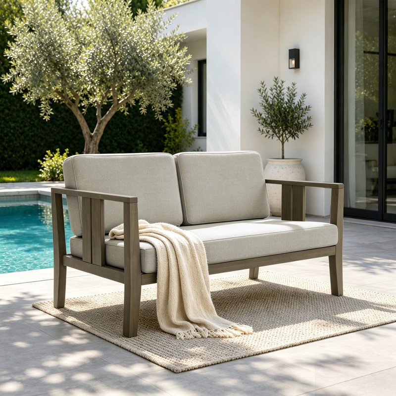 Junco Solid Wood Teak Outdoor Loveseat With Cushion And Arms, Light Camel, Brown