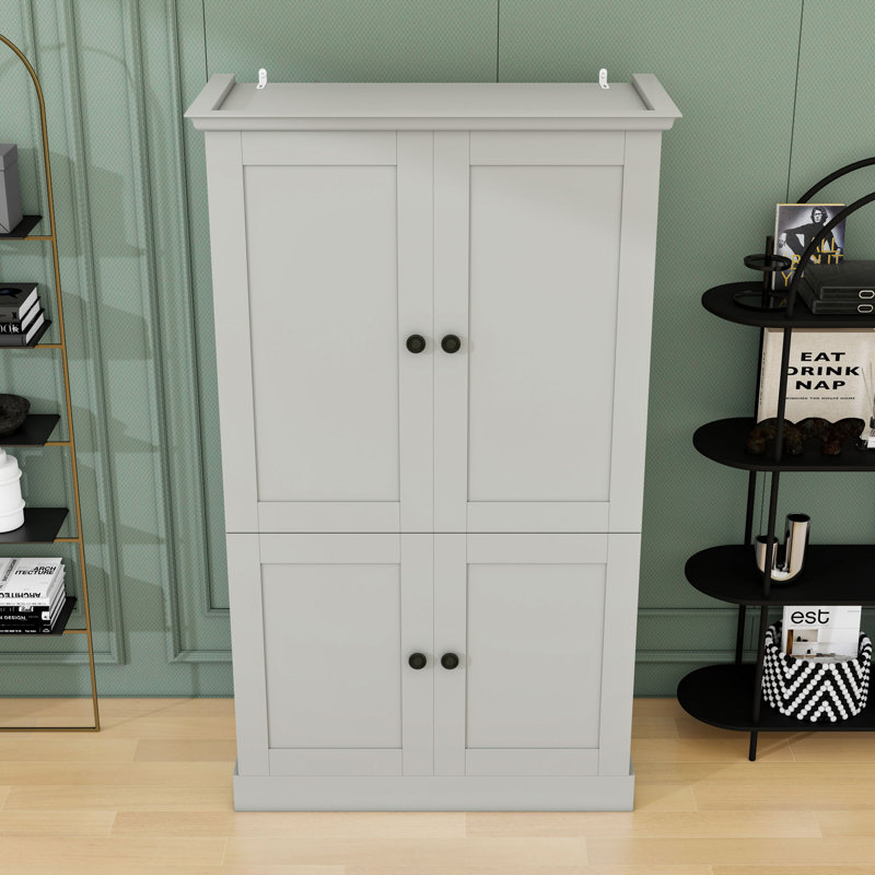 Garde-manger en bois avec tiroirs, tablettes amovibles et porte-bouteilles, Gris