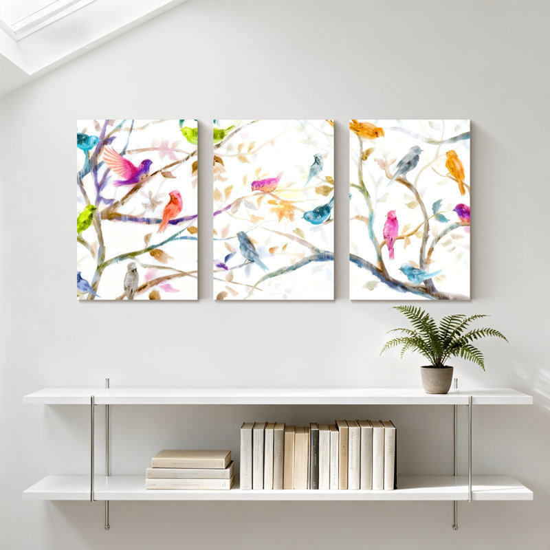 «Birds Colorful Birds On Branches», ensemble de 3 impressions sur toile, H 18 po x l 36 po