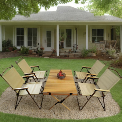 Salle à manger pliable avec accoudoirs en bois de hêtre - 1 table et 4 chaises confortables et élégantes. Cadre en aluminium naturel convenant à l'intérieur et à l'extérieur. Assemblage rapide. Solide. Idéal pour le camping, la pêche,