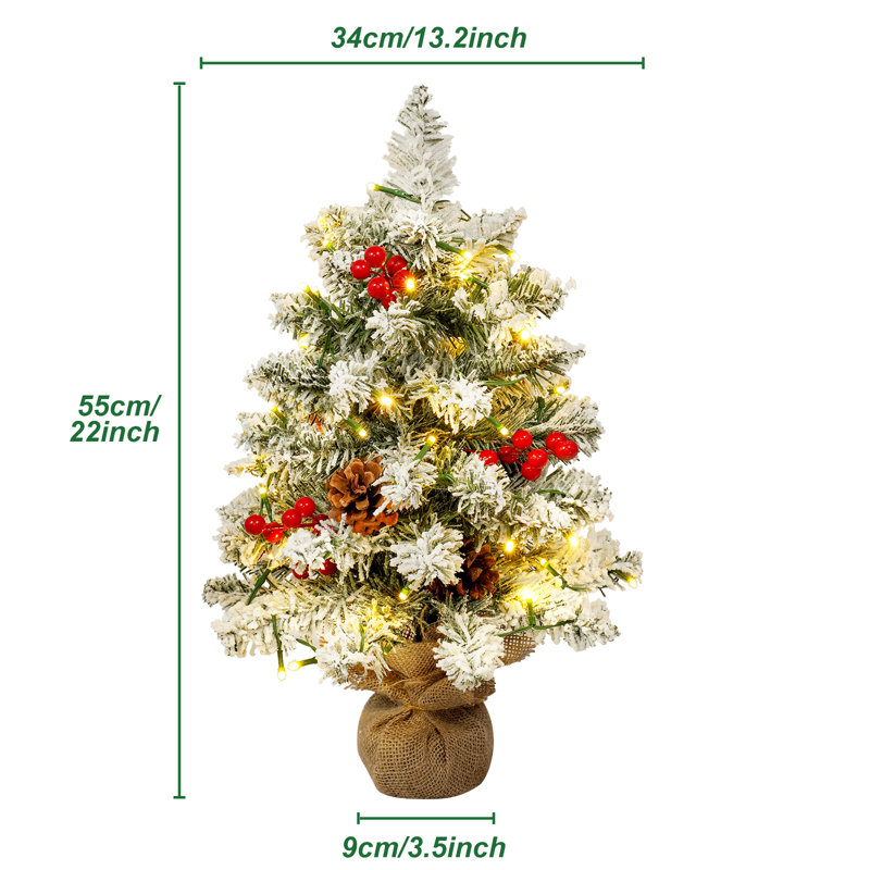 22 Inch Artificial White Tabletop Christmas Tree with Pine Cone Red Fruit Branch Tips and LED String Lights
