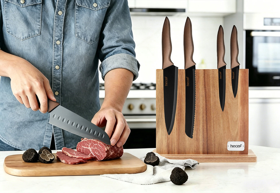 Person slicing raw meat with a Hecef knife on a wooden cutting board next to a magnetic knife block set featuring black blades with bronze-colored handles and scattered black truffles on a kitchen counter.