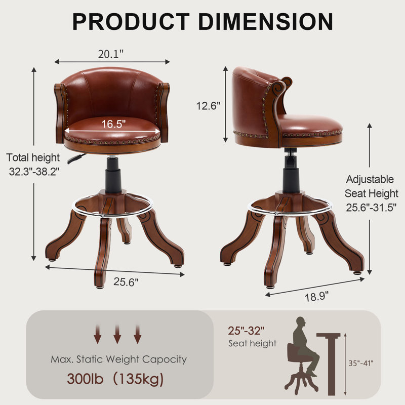 Adjustable Swivel Bar Stool in Genuine Leather with Solid Wood Frame, Brown