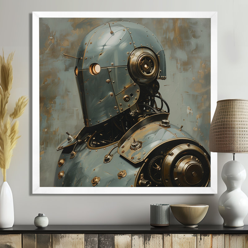 Décoration murale blanche et grise majestueuse Robot I - Robots, Encadrement argenté, H 36 po x l 36 po