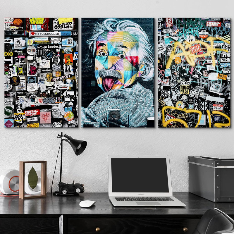 Peinture en aérosol drôle Albert Einstein Graffiti et art urbain, art moderne coloré, portrait urbain, 3 pièces, Toile tendue