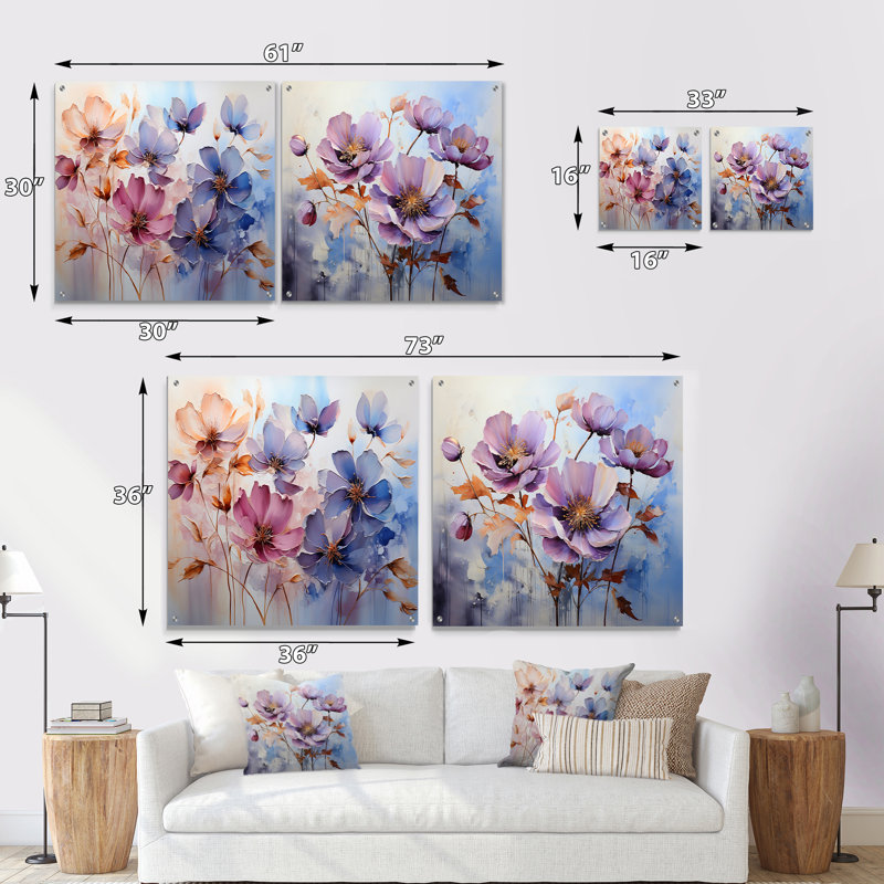 «Mauve Botanical Serenade IV», ensemble de 2 peintures murales abstraites en acrylique, H 16 po x l 33 po