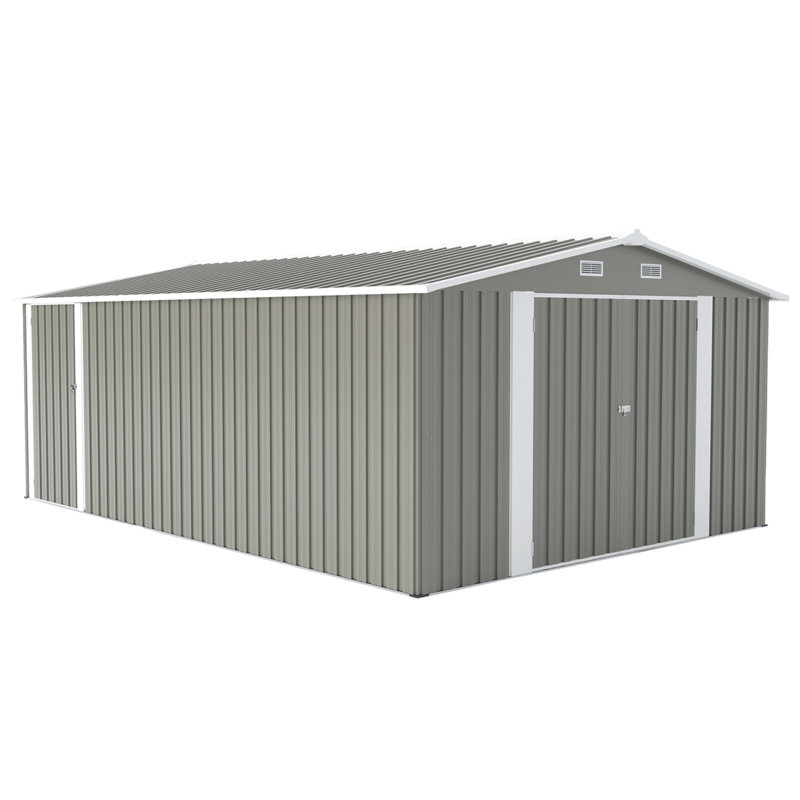 Campcraft  Outdoor Storage Shed 10×14 FT With 3 Lockable Doors,Utility Tool Shed Metal Storage Garden Sheds  Frame And 4 Vents,For Backyard,Patio,Lawn,Light Grey