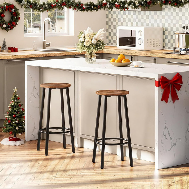 Ensemble de 2 tabourets de bar ronds avec repose-pieds, structure en acier brun rustique