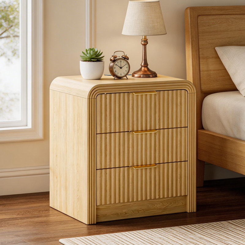 3-Drawer Nightstand with Charging Station, USB-C & AC Ports, Modern Fluted Curved Natural Oak Bedside Table, 19.6" Wide