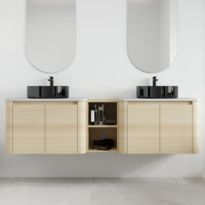 Ensemble de meuble-lavabo double mural 72 po avec lavabo en céramique et tablettes Greythor, ensemble de meuble-lavabo double 72 po avec plateau en pierre reconstituée
