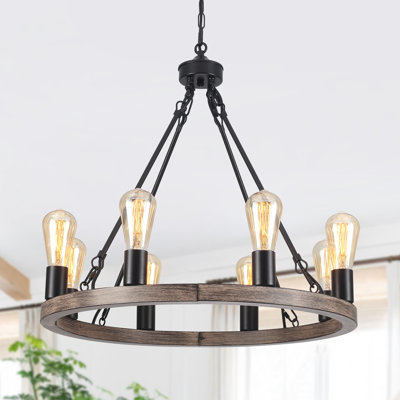 Myriane 8 - Light Brown/Black Wagon Wheel Chandelier, Modern Vintage Dining Room Chandelier for Living Room Foyer Entryway, Bedroom, Kitchen
