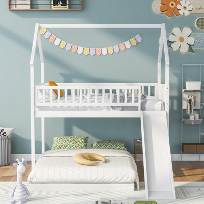 Lit simple superposé simple avec glissade, échelle intégrée et garde-corps double - lit mezzanine blanc pour enfants et adolescents