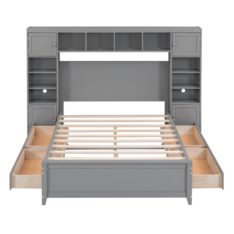 Wooden Bed with All-in-One Cabinet, Built-in Shelf, Practical Design for Maximum Storage Efficiency, Grey