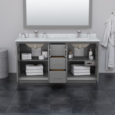 Meuble-lavabo double autoportant 66 po avec plateau en marbre Strada