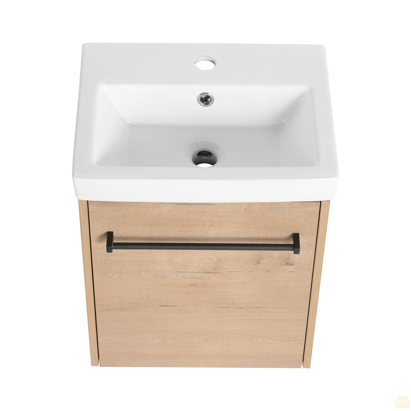 Meuble-lavabo mural flottant 18 po avec lavabo en céramique et porte d'armoire à fermeture en douceur 18 po, Imitation chêne