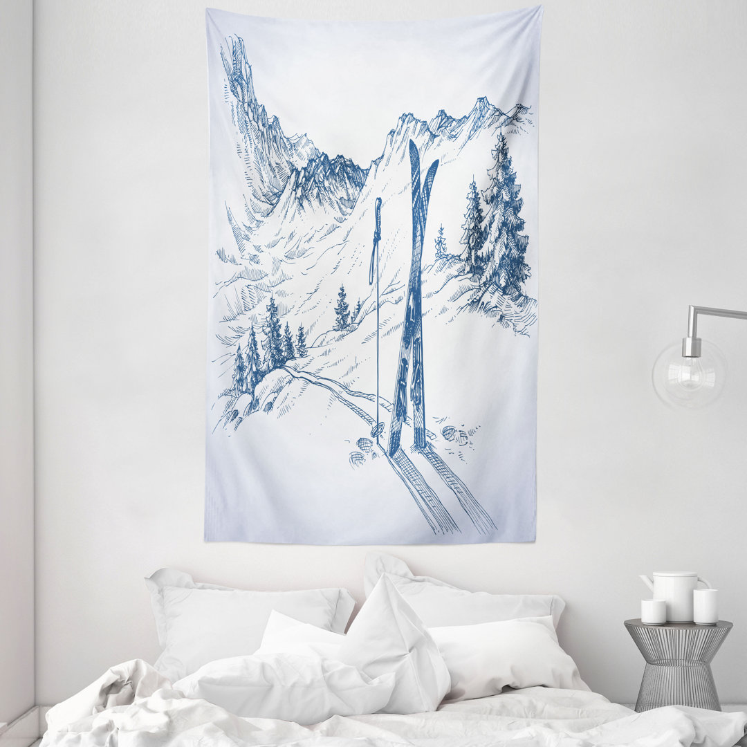 Wandteppich, Ski Sport Mountain View, Winter, Blau Weiss