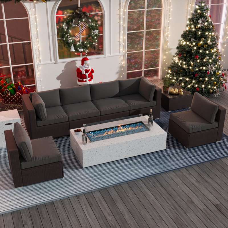 9 Pieces Sofa Sectional Seating Group with Cushions and Fire Pit Table, Gray/Burgundy