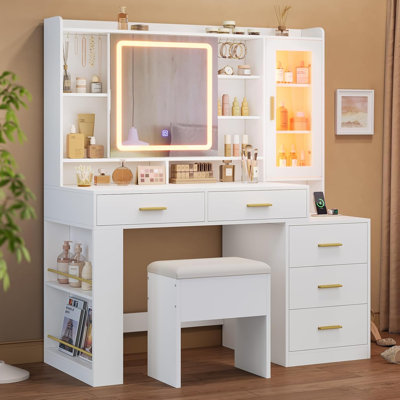 Meuble-lavabo avec miroir coulissant éclairé à DEL et armoire en verre RVB, grande table de coiffeuse de 47,2 po avec tablettes, tiroirs et rangement latéral