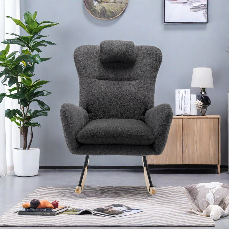 Chaise berçante de 35,5 pouces avec poche, fauteuil rembourré avec dossier haut pour la chambre à coucher du salon, Gris