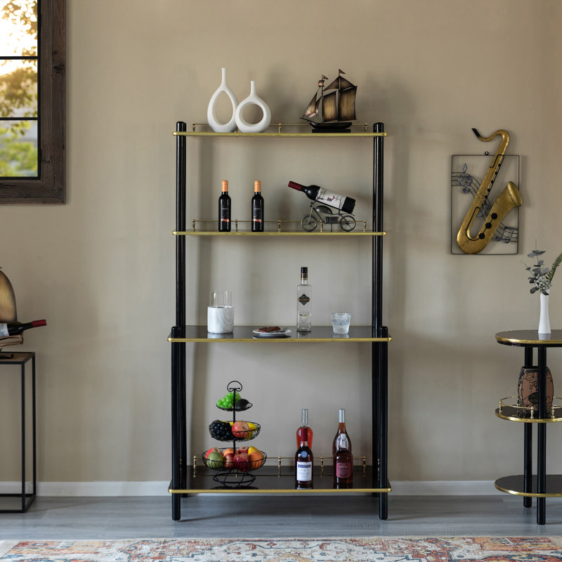 Classy and Elegant 4 Tiered Multifunctional Wooden Open Bar Shelves, Modern Console Table, Black