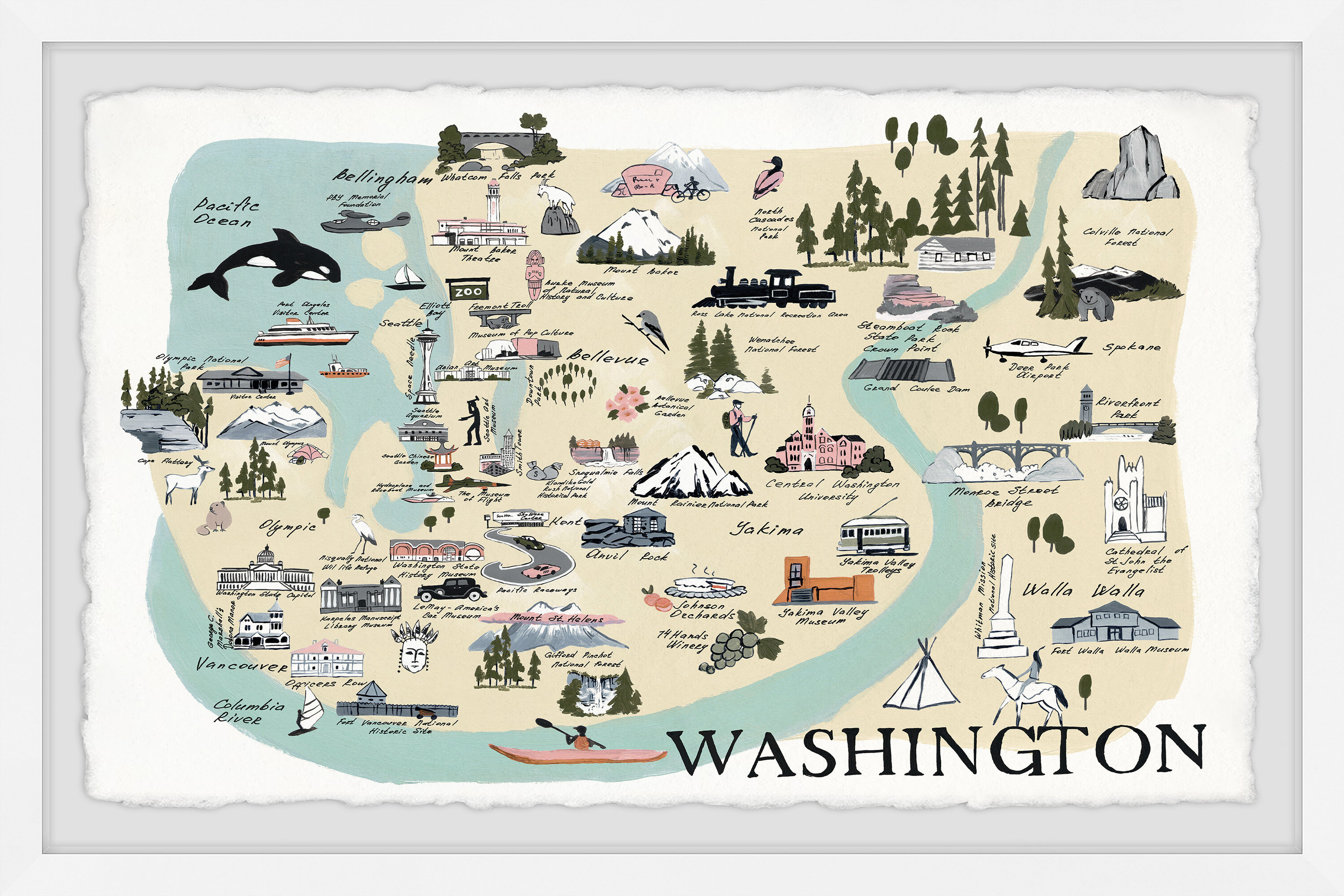 Trinx Illustrated Map Of Washington Framed On Paper by Marmont Hill Print