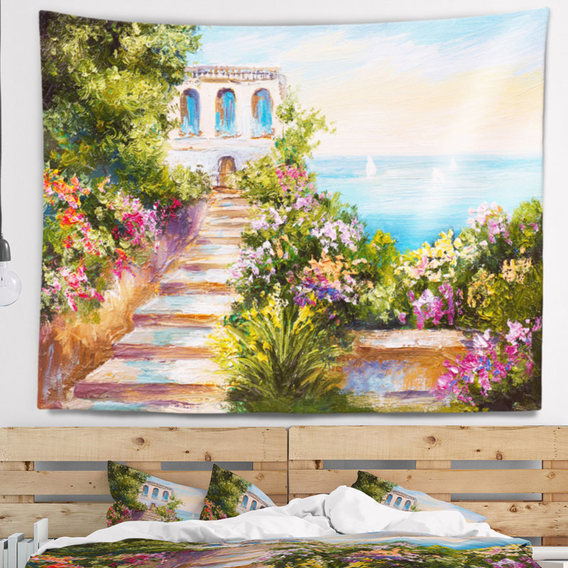 Maison de paysage près de la tapisserie de la mer, H 32 po x l 39 po