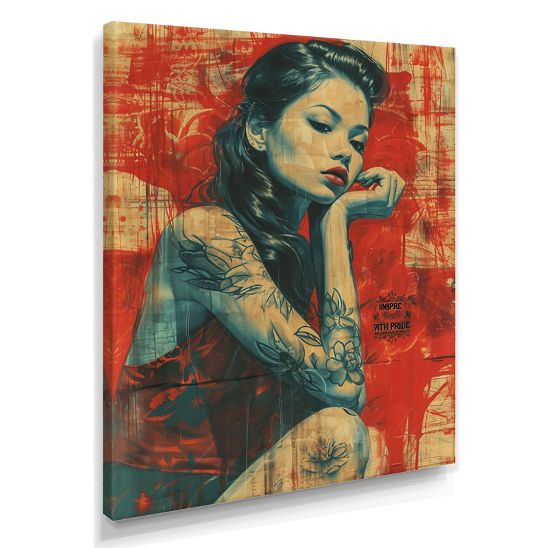 Collage asiatique rétro, portrait bleu rouge - Décoration murale asiatique, Toile tendue, H 20 po x l 12 po