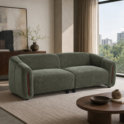 Canapé 3 places moderne incurvé de 222 cm de large, canapé profond rembourré avec larges accoudoirs et finitions en bois, canapé bas pour salon, gris