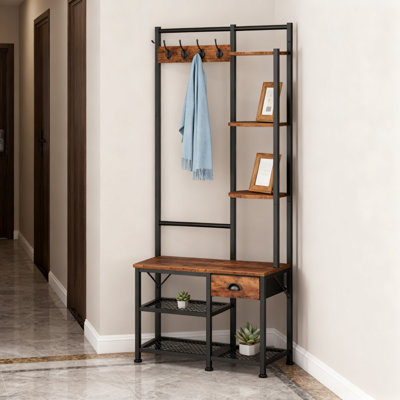 4-In-1 Entryway Hall Tree With Bench, Coat Rack With 5 Hooks, 3-Tier Storage Shelves And Removable Fabric Drawer For Shoe Storage And Entryway Organiz