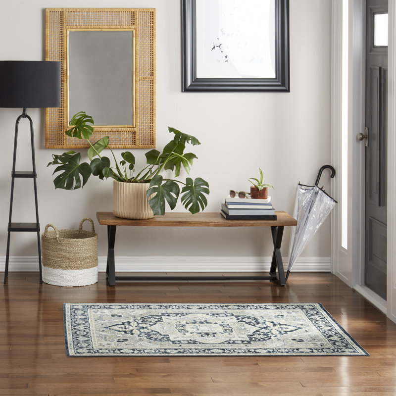 Amaresh Oriental Machine Washable Ivory/Charcoal Area Rug, Rectangle 6'6" x 9'2"