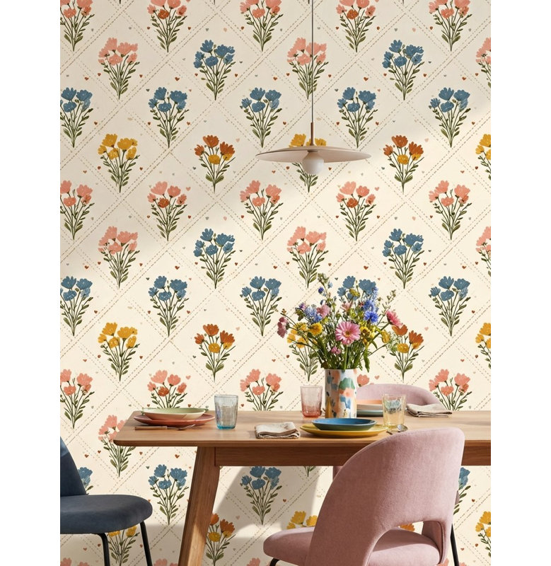 Papier peint floral avec bouquets de fleurs, Texturé non collé