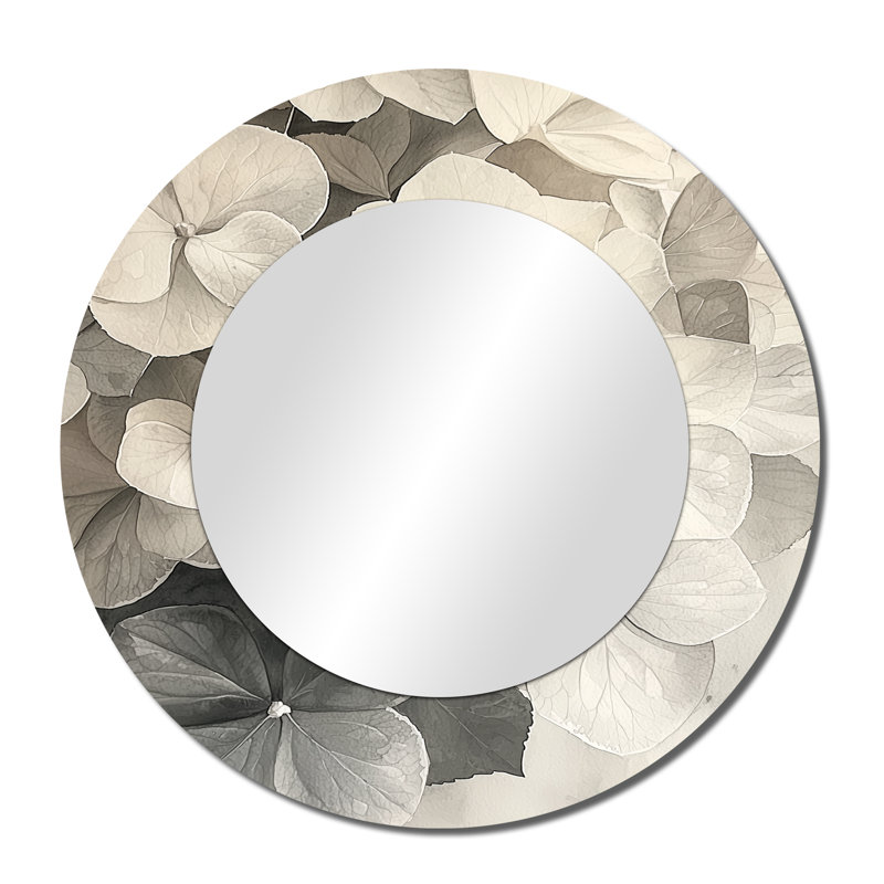 Hortensia rétro en monochrome I - art mural miroir floral - imprimé sur métal, 36 po x 36 po