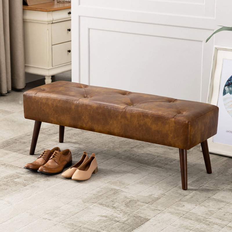 Liniyah Faux Leather Upholstered Bench, Dust Yellow