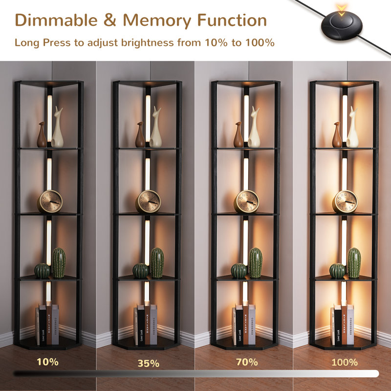Carrye 64'' LED Dimmable Cornor Floor Lamp with Shelves, Black