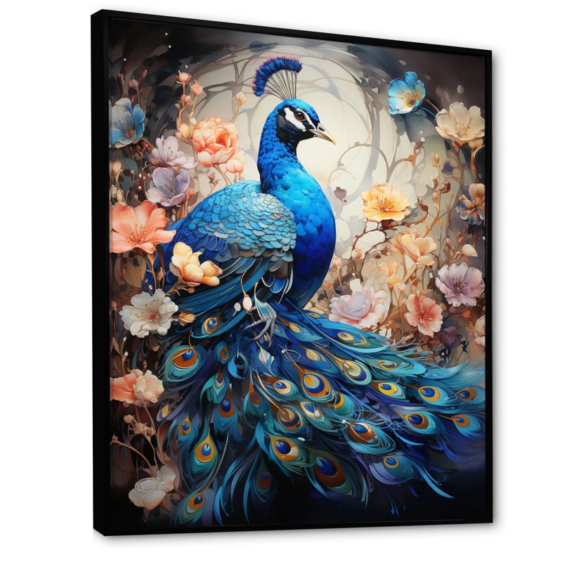 Woodsum Blue Coral Indian Art Dancing Peacock I - Art mural indien, H 20 po x l 12 po x P 1 po, Cadre flottant noir