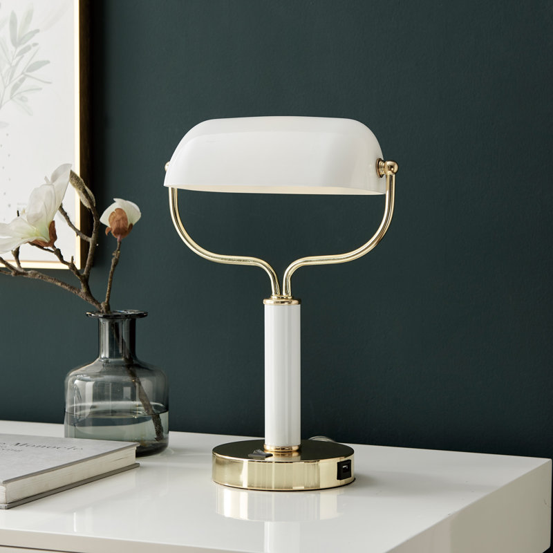 Metal USB Bankers Lamp, White/Gold