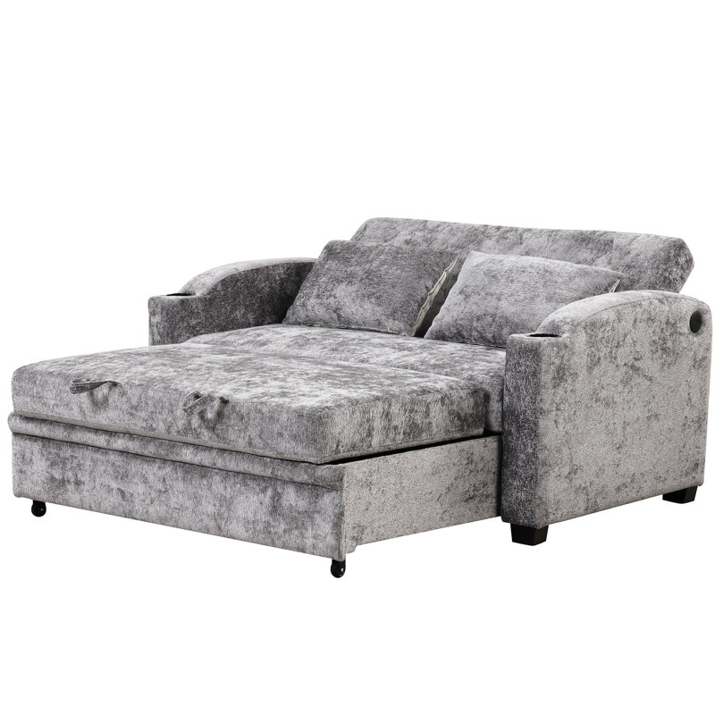 Lit escamotable gris avec porte-gobelets ajustables, hublots et 2 coussins de bureau en chenille, Gris