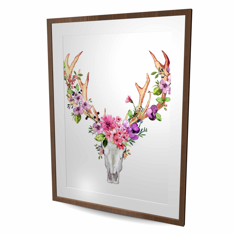 Crâne de cerf avec fleurs - impression encadrée d'animaux de la chambre, H 48 po x l 36 po, Brun