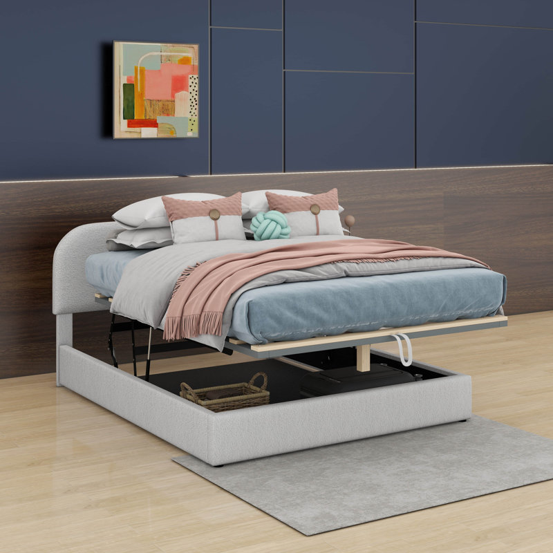 Upholstered Platform Bed With Hydraulic Storage System, Full, White
