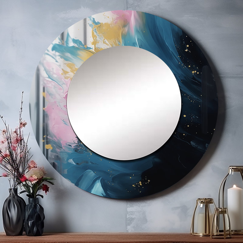Raayan Pink And Blue Exploring The Unseen II - Geometric Unique Wall Mirror, Modern Round Mirror, Printed Metal Art