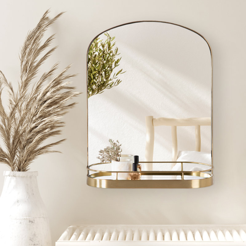 Cemile Metal Flat Mirror with Shelves, Gold