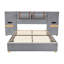 Grand lit en velours gris avec ports USB doubles et coussins rembourrés