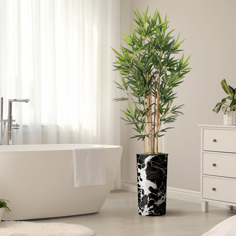 Artificial Tree in Contemporary Geometric Pattern Planter Fake Bamboo Silk Tree Plant Pot Plus Tree, Modern Black