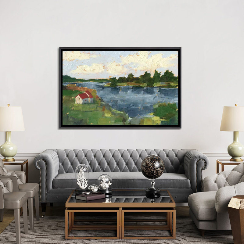 "Lakeside cottages I" par Ethan Harper, reproduction d’art, Encadrement noir décoloré, H 40 po x l 60 po x 1,5 po