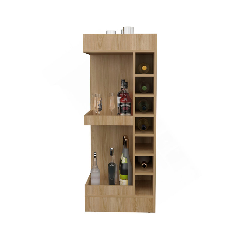 Lyman 46" Tall 3-Tier Corner Bar Cabinet With Fourteen Wine Bottle Cubbies, Living Room, Liquor Cabinet, Storage Cabinet Light Oak