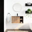 Meuble-lavabo de 30 po avec lavabo en céramique. Fixé au mur. Porte à fermeture en douceur. Look moderne en chêne imitationnel. Armoire en contreplaqué de qualité 30 po. Look, base