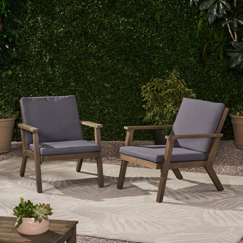 Set Of 2 Outdoor Wood Club Chairs With Cushions, Outdoor Patio Chair For Backyard, Porch, Balcony