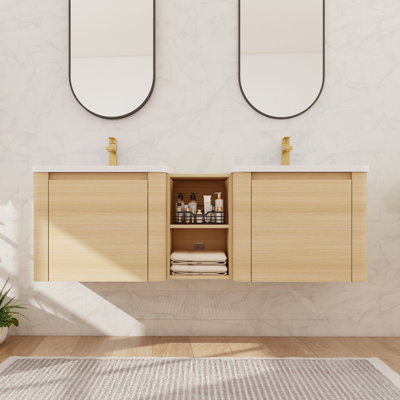 60''/68'' Double Floating Bathroom Vanity With Ceramic Sink, Wall Mounted Bathroom Vanity With  2 Soft Close Doors And Shelf