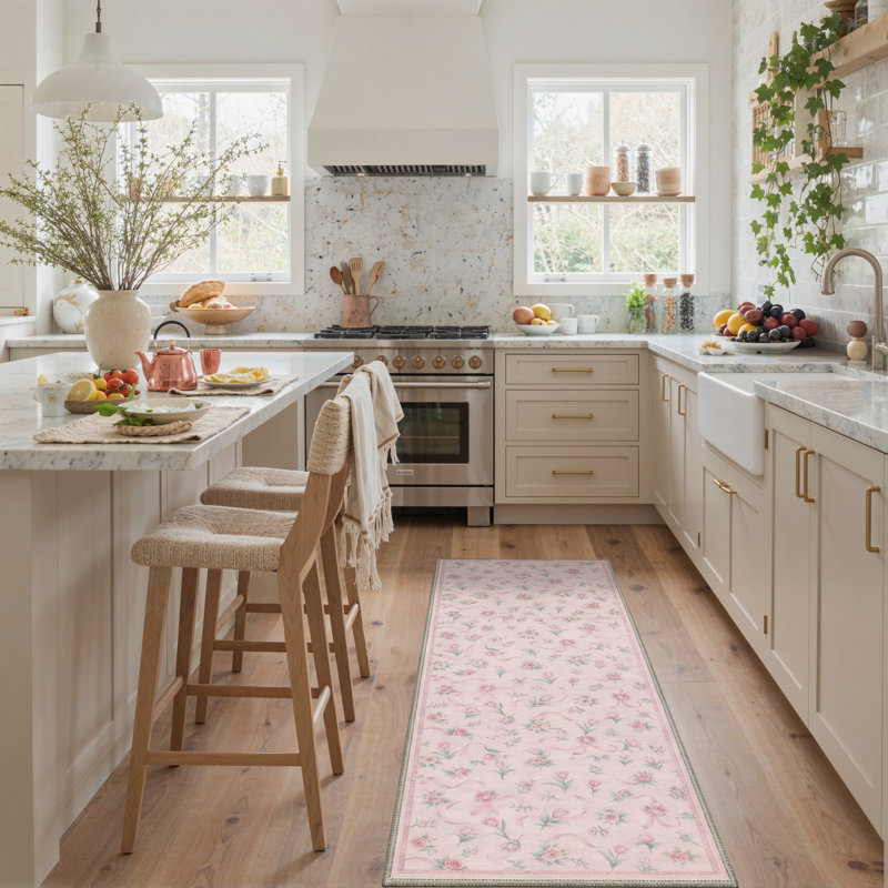 Atascadero Floral Machine Washable Pink / Green Indoor Area Rug with Non-Slip Backing, Runner 2' x 7'